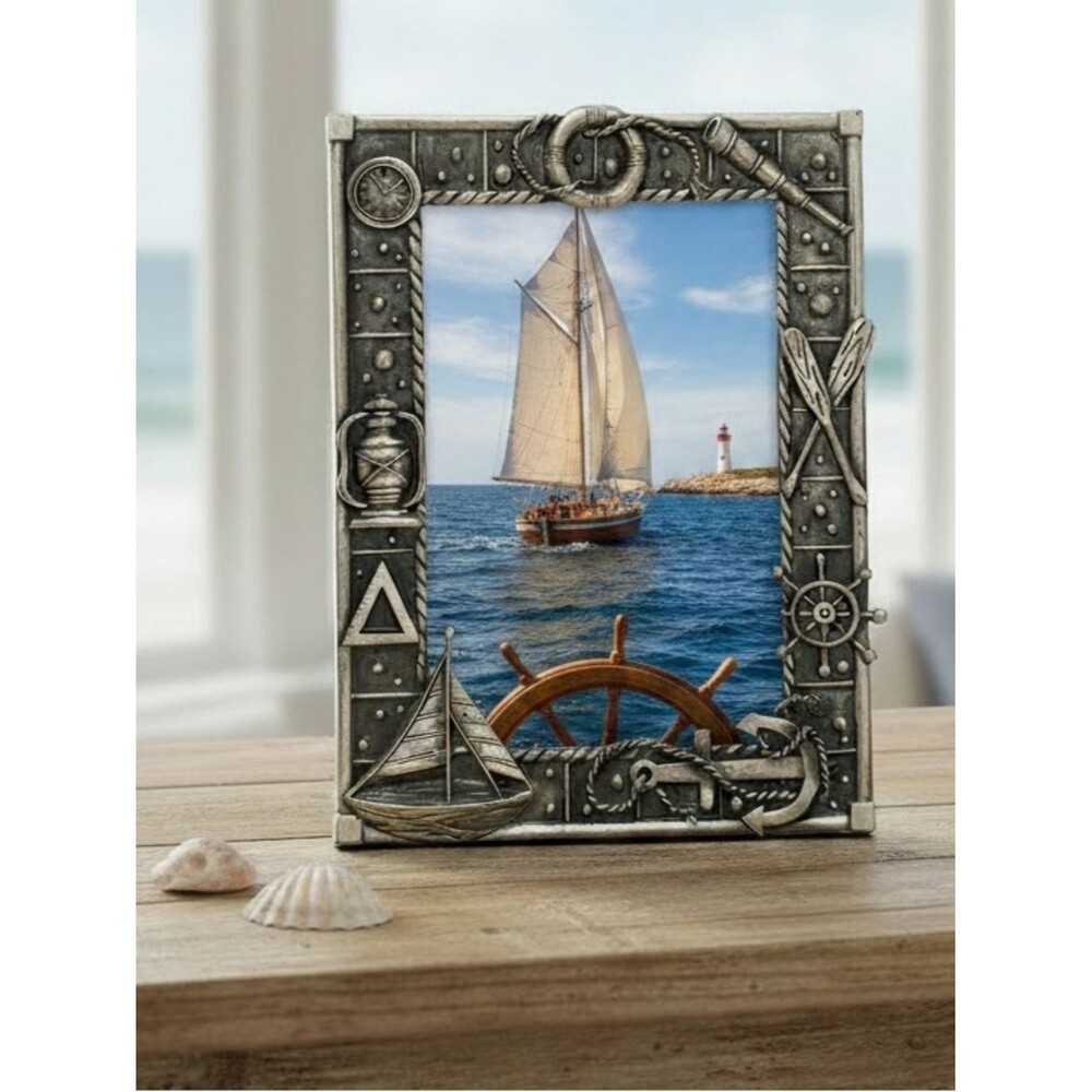 Vintage Sixtrees Nautical Silver Tone Metal Photo Picture Frame Velvet Back